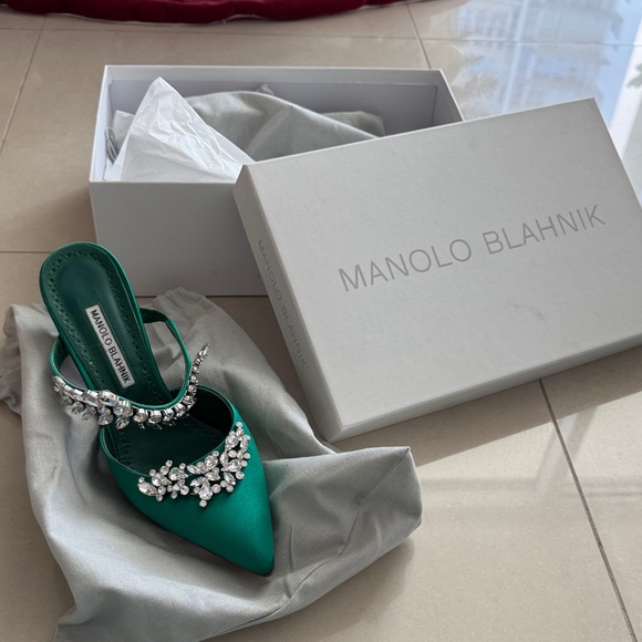 Manolo Blahnik Shoes - Manolo Blahnik Emerald Satin Heels with Crystal Accents